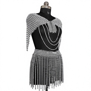 Gilet d'armure en maille d'acier inoxydable plaqué argent, forme irrégulière, pièce de costume de guerrier tendance pour femme - Product Image 5