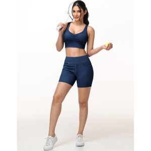 Soutien-gorge de sport long en denim froncé pour femme, col en V, rembourré, respirant, pour le fitness - Product Image 3