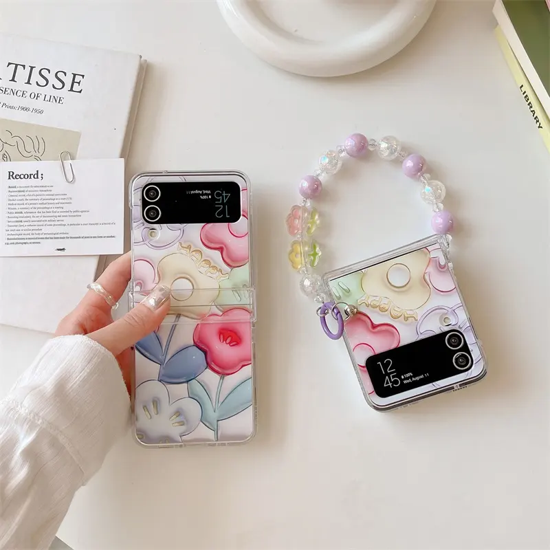 Flower Flip Hinge Protective Cover Z Flip 4 Folding Screen Mobile Phone Case For Samsung Galaxy Z Flip 3 4 Case With Bracelet