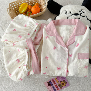 Ensemble pyjama d'été trois pièces <span class=keywords><strong>style</strong></span> féerique coréen en coton nuage respirant avec nœud papillon, <span class=keywords><strong>cardigan</strong></span> décontracté à manches courtes - Product Image 4