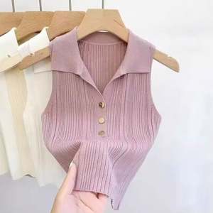 I-0704 Vente en gros Nouveauté été Cardigan en maille pour femme, débardeur court à fines bretelles, style doux, sans manches, avec col - Product Image 5