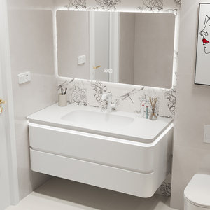 Mobile da <span class=keywords><strong>Bagno</strong></span> Moderno Stile Nordico <span class=keywords><strong>con</strong></span> Angoli Arrotondati, Montaggio a Parete, in Legno Massello, Doppio Cassetto e <span class=keywords><strong>Specchio</strong></span> - Product Image 2