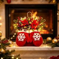 Décoration de Noël pré-éclairée en forme de gants, avec baies de poinsettia artificielles et lumières LED, idéale comme cadeau de Noël pour la décoration intérieure