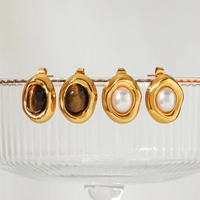 Boucles d'oreilles tendance pour femmes en acier inoxydable avec pierre œil de tigre ovale et perle, bijoux minimalistes à la mode