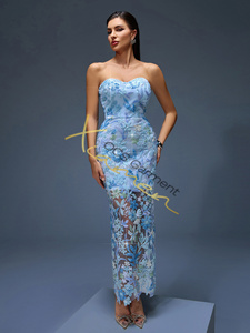 MF Bling Elegant tail Evening Ladys Clothing Sexy Off the Shoulder Sequin Mesh Floral Blue Long Casual Dresses - Product Image 6