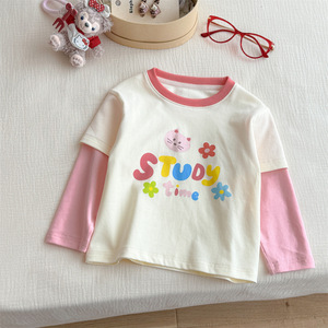 Tongxingyuan Girls T-Shirt Off White Pink Cotton Jersey Faux Two Piece Study Time Print Spring Autumn Kids Clothing - Product Image 4