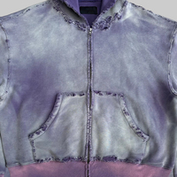 Sweat à capuche unisexe tie-dye violet zippé, design à franges déchirées, doublure contrastante, coupe oversize, streetwear décontracté, style vintage délavé