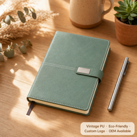 Carnet de notes A5 en cuir végétalien PU vintage, personnalisable avec logo, 100 feuilles, reliure cousue blanche, fermeture métallique, couverture rigide – Vente en gros