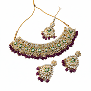 High Quality Ethnic Kundan Gold-Plated Pearl Bridal Choker Necklace Earring <b>Set</b> Zircon <b>Beads</b> Alloy Green Enamel Trendy Jewelry - Product Image 2