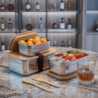 Boîte à bento en acier inoxydable avec anneau en silicone et couvercle en bambou, récipient de stockage alimentaire écologique et durable pour enfants