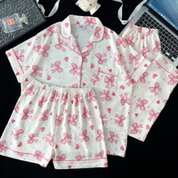Pyjama populaire en coton nuage pour femme, ensemble trois pièces à col ouvert, pull, short et pantalon long, tenue d'intérieur pour femme