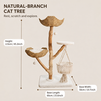 Arbre à chat bohème avec panier suspendu en macramé, lits tissés à la main, zone de grattage en branches de bois naturel et corde, matériaux personnalisés ODM