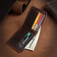 Dompet Lipat Kulit Sapi Asli Crazy Horse Vintage untuk Pria, RFID, Banyak Slot Kartu, Dompet Pendek, Logo Custom, Dompet Kulit Pria