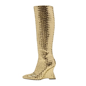 Gold Braided Strange Heels Shoes Women's Knee High Boots Fashion Pointed Toe Wedge Shaped Heel <b>Long</b> Booties Wide Fit Top - Product Image 2