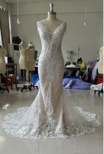 Luxury Sequins Lace Appliques Bead Shoulder Sexy V Neck Mermaid Sweep Brush Train Wedding Dresses - Product Image 2