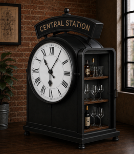 Vintage Industrial Station Clock Bar <b>Cabinet</b> with Glass Storage Shelves <b>Retro</b> Railway Inspired Liquor Display Furniture for Home - Product Image 1