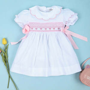 Geometric Smocked 100% Cotton A-Line Dress White for Girls OEM ODM Customized Embroidery Eco-Friendly Children's Wear-BB3129 - Product Image 1