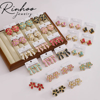 Boucles d'oreilles clous étanches en acier inoxydable 304 plaqué or 18 carats, avec émail goutte d'huile, motifs cœur, géométriques, fleur, papillon, nœud et perle, tendance