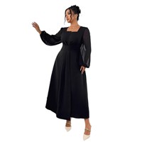 Robe noire à col carré et manches longues, taille plus, robe midi élégante pour femmes, tenue de soirée formelle pour l'automne et l'hiver
