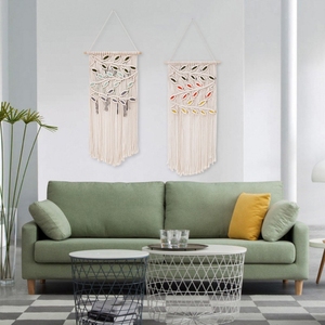 Décoration murale en macramé tressé style bohème avec feuilles, tissé à la main, écologique, avec pompons, pour chambre/salon, mariage, anniversaire - Product Image 3