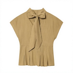 <b>Women</b> <b>Sleeveless</b> Bow Blouse Stand Collar Slit Peplum Woven <b>Shirt</b> Vintage Summer Casual - Product Image 2