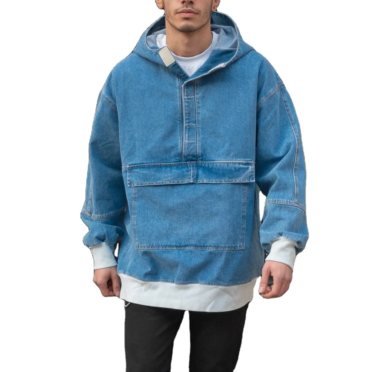 Custom Fashion Culture Sweat Jean Denim Oversized Hoodie Unisex With Kangaroo Pocket In Blue
