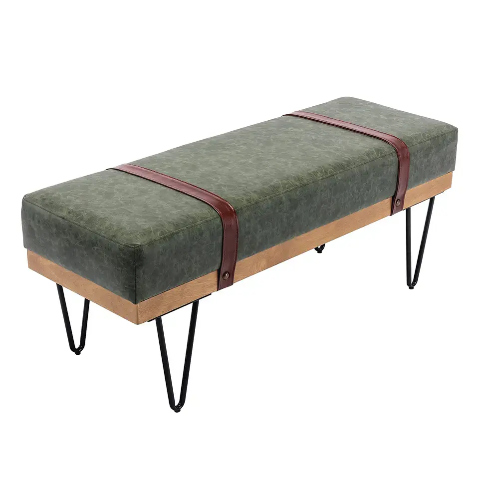 TUNUO Hot Sales Modern Design Solid Wooden Linen Leather Metal Legs Bench for Living Room