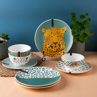 Ensemble de vaisselle en porcelaine écologique en gros, motif tête de léopard, assiette et bol, certifié LFGB BSCI, logo personnalisé