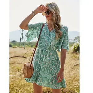 ZC00330 2021 летнее женское зеленое шифоновое мини-платье с эластичным поясом и оборками пикантные короткие платья с коротким рукавом и V-образным вырезом для девушек