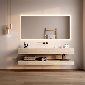Lavabo double moderne de qualité hôtelière avec vasque rectangulaire en pierre, miroir LED résistant à l'eau, fixation murale classique - Product Image 2