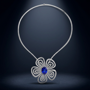 Collar de lujo con flor de diamantes y zafiro azul natural en oro blanco de 18 quilates para mujer, alta joyería, colgante de zafiro ovalado, para boda - Product Image 3