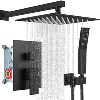 Système de douche mural noir mat à trois poignées avec pommeau de douche carré de 10 pouces, mitigeur de pluie et ensemble de robinetterie murale