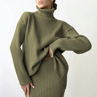 Ensemble pull col roulé et jupe longue côtelée pour femme, style européen et américain, décontracté, ample, chaud et infroissable, idéal pour l'automne