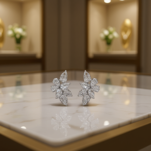 Orecchini a Perno con Fiore in Oro Bianco, Zirconi Taglio Marquise, Gioielli Romantici da Sposa per Donna - Product Image 2