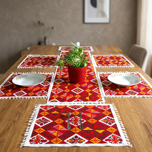 Traditional Red Geometric Cloth Place Mats Set with Center <b>Runner</b> Square <b>Washable</b> Table Mats for Home Decor Made in Bangladesh - Product Image 4