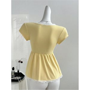Women's Y2K Lace Peplum Top <b>Bow</b> Tie Front Wrap V Neck Short Sleeve Satin Blouse Everyday Wear - Product Image 2