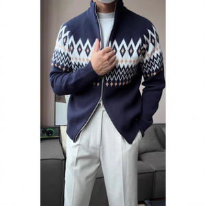 Suéter Cárdigan de <span class=keywords><strong>Hombre</strong></span> de Manga Larga, Grueso, con Cuello Alto y Cremallera, Estilo Étnico Vintage de Invierno y Otoño, con Patrón Geométrico Jacquard - Product Image 1