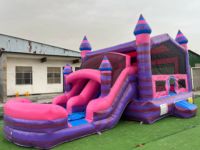 Château gonflable commercial avec toboggan aquatique en PVC, couleur personnalisée, logo sur mesure, installation facile, idéal pour les fêtes au bord de la piscine