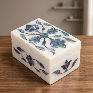 Stonecrafts International Modern Rectangular Inlay Engraved Jewelry <b>Box</b> Blue Mother Pearl <b>Floral</b> Pattern Thanksgiving <b>Storage</b> - Product Image 3