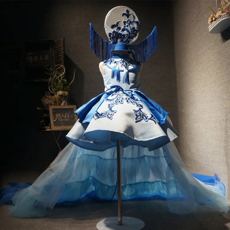 Girls Clothing Tuxedo Girl's Blue And White Porcelain Chinese Model Walk Show Performance Birthday Dress Girl Dress For Party