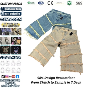 Jeans streetwear unisexe personnalisés en <span class=keywords><strong>denim</strong></span> délavé, à triple bords bruts effilochés, avec patchs, coupe large et courte, effet usé, OEM - Product Image 1