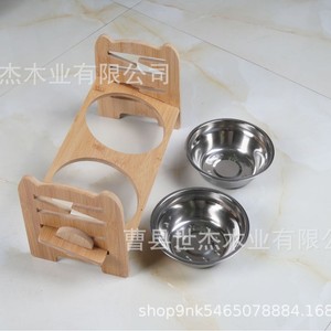 Soporte de madera para tazones de mascotas, doble tazón de acero inoxidable, marco ajustable para alimentar gatos y perros, comedero de madera maciza - Product Image 5