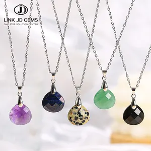 JD Gems Natural Stone Faceted Pink Quartz Amethyst Amazonite Obsidian Opal Flat Drop Shape Pendant Necklace For Women Jewelry