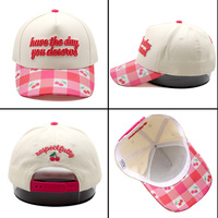 Gorra de Béisbol Personalizada de Algodón con Visera de Cuadros Rosa Cereza, Dos Tonos, 5 Paneles, Cierre a Presión, Bordado, para Mujer