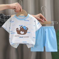 Setelan Baju Katun Lengan Pendek Motif Kartun untuk Anak Perempuan dan Laki-laki, Pakaian Olahraga Gaya Korea untuk Musim Panas