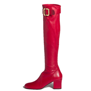 Women's Square Toe Knee High <b>Boots</b> Ladies High Chunky Heels Side Zipper Shoes Top Metal Buckle Long Booties - Product Image 6