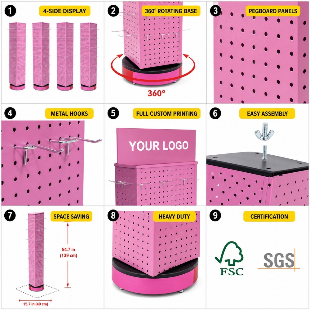 Wholesale Custom 4-Side Rotating Metal Pegboard Display Rack Floor Standing Rotary Stand Retail Shop Display Merchandising OEM — view 5