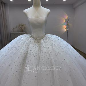 Lsjj156 Sparkly Ivory Satin Bateau Neck Ball Gown <b>Wedding</b> Dress Pearl Choker Beaded Waist Cathedral Train Jancember - Product Image 2
