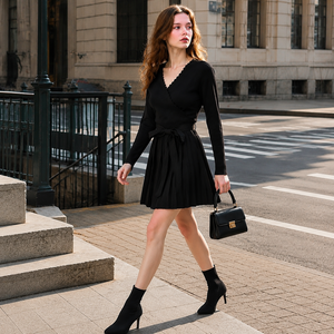 Glamour Slimming Cross Front Long Full Sleeve Stand Neck Midi Knit Frock Matte Black Bright <b>Red</b> Solid <b>Belted</b> Waist Pleated - Product Image 6