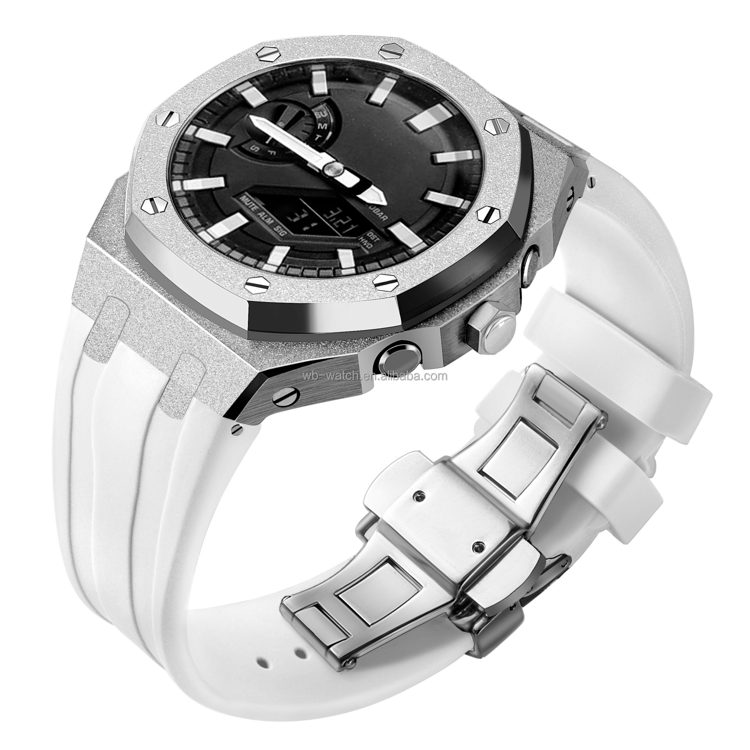 Boîtier en argent givré + bracelet en silicone blanc